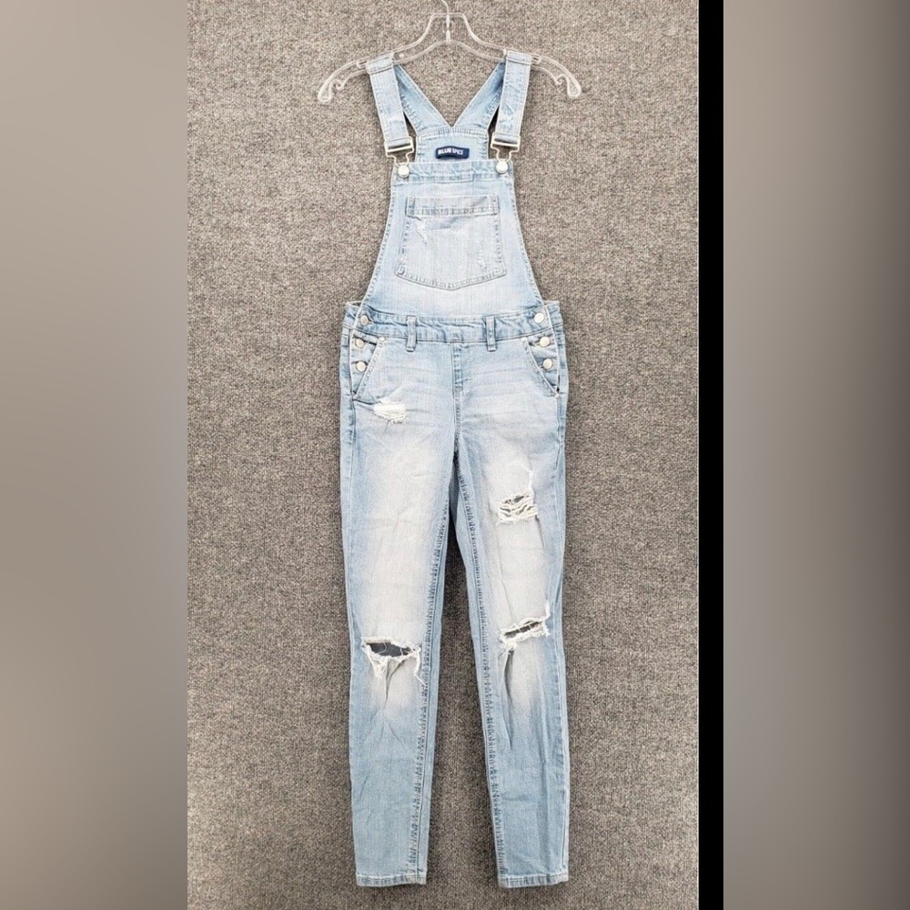 Blue spice distressed overalls